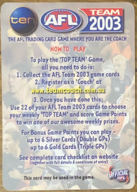 AFL 2003 Teamcoach How To Play Card #91 Scott WEST (WB)
