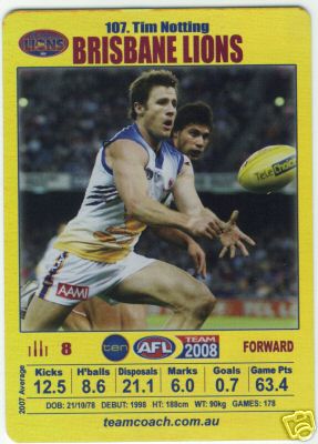 AFL 2008 Teamcoach Gold #107 Tim NOTTING (Bris)