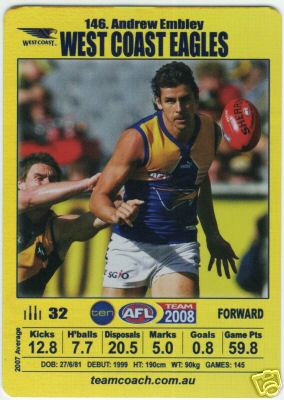 AFL 2008 Teamcoach Gold #146 Andrew EMBLEY (WCE)