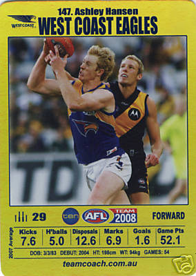 AFL 2008 Teamcoach Gold #147 Ashley HANSEN (WCE)