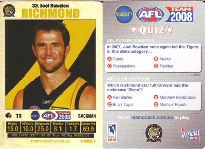 AFL 2008 Teamcoach Team Checklist SYDNEY