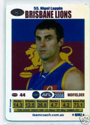AFL 2008 Teamcoach Silver #55 Nigel LAPPIN (Bris)