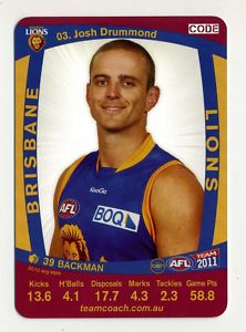 AFL 2011 Teamcoach Silver Card S3 Josh DRUMMOND (Bris) - Click Image to Close