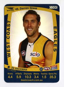 AFL 2011 Teamcoach Silver Card S49 Darren GLASS (WCE)