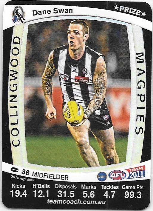 AFL 2011 Teamcoach Prize Card Dane SWAN (Coll) - Click Image to Close